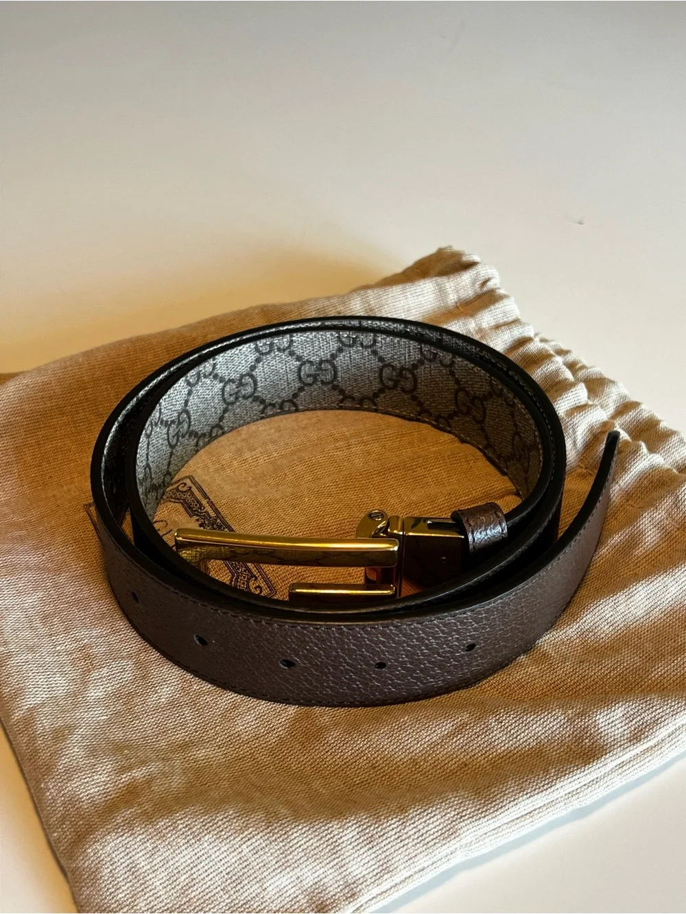 Gucci Reversible Leather Belt - Gold Square G Buckle (Brown and GG Canva)